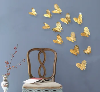 12 Buc/set Frumos de Aur și de argint hârtie groasă carte 3D Perete Gol Autocolante Fluture Frigider pentru Decor Acasă 764