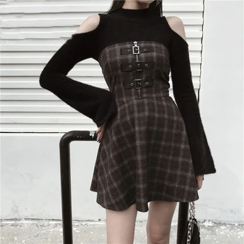 2020 Harajuku Punk Femei Negru Gri Carouri Rochii Mini Gotic Vestidos Fără Mâneci Streetwear Fete Fără Mâneci Hip Hop Jurken 155304