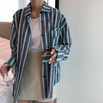 Bluza Femei, Tricouri cu Maneci Lungi Guler de Turn-down Primăvară Dungi Pieptul Singur Buzunar Stil coreean BF Retro Casual All-meci 36041