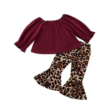 Copilul copil Fete Solid Topuri cu Maneci Lungi T-shirt+Leopard de Imprimare Flare Pantaloni, Costume, Seturi Haine Copii Toamna Costum 801