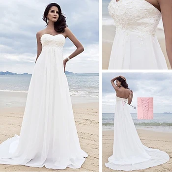 Elegant stil plajă alb rochie de mireasa a-line fără bretele dantelă paiete plaja slim fit partid rochie de mireasa 2406