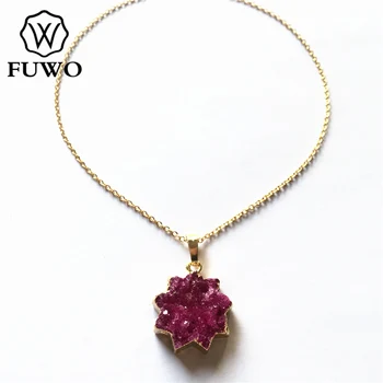FUWO Moda Violet Druzy Geode Felie Colier Cu Aur de 24K Umplut Lanț de Alamă de Înaltă Calitate Anti-decolorare Bohemia, Bijuterii NC064 472