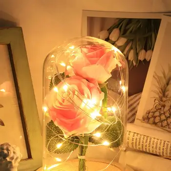 LED-uri Lumina feerica 2 buc Trandafiri Artificiale Într-o Cupolă de Sticlă de Flori False a CONDUS Lumina de Noapte Petrecere Acasă Decor Nunta Cadou de Ziua Mamei 137