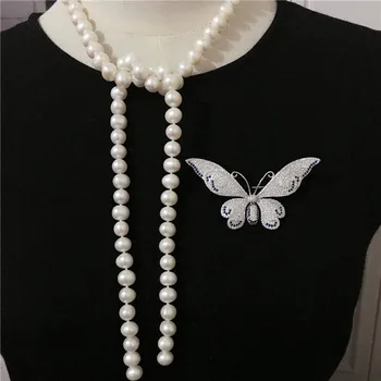 Mână înnodate 7-8mm aproape rotund alb natural de apă dulce pearl colier lung lanț pulover fluture accesorii moda bijuterii 868