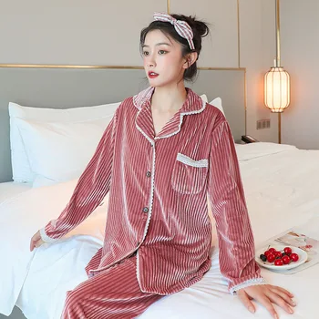 Pijama Femme Toamna Iarna Aur Catifea Pijamale Femei Vrac Cardigan V-neck Stil coreean Trompeta Mâneci Două piese de Haine de Acasă 10215