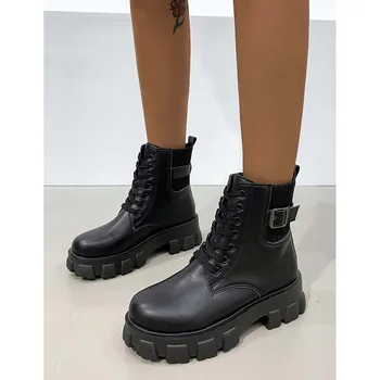 RIBETRINI New Sosire Femei Pantofi Femei Platformă Solidă Dantela Sus Glezna Cizme de Moda se Răcească, Indesata Toc Cizme de Proiectare 116206