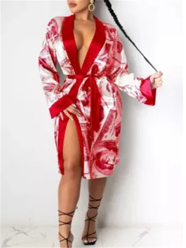 Robe Cardigan Cu Maneci Lungi Midi Rochie Bandaj De Dolari Imprimare Pijamale Toamna Femei 2020 Moda Sexy Acasă Lounge Purta Noi 6034