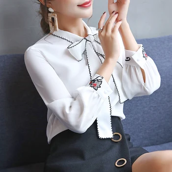 Sllsky Femei Bluza 2020 Nouă Primăvară maneca lunga broderie Tricou arc mozaic Topuri femei, haine Office Lady bluza feminina 1010