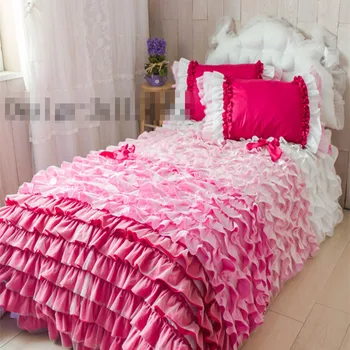 Straturi tort set de lenjerie de pat twin plin regina king size zburli printesa cuvertură roz romantic nunta de dantelă fusta pat transport gratuit 7284