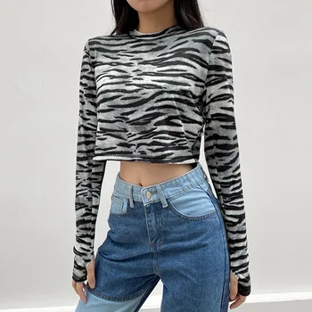 Tricou Femei Sexy Model Zebra Imprimate Crop Top Streetwear Toamna Cu Maneca Lunga Echipajul Gât Animal Print Degetul Mare Găuri Bază Tricou 153369