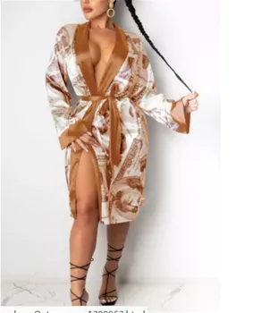 Robe Cardigan Cu Maneci Lungi Midi Rochie Bandaj De Dolari Imprimare Pijamale Toamna Femei 2020 Moda Sexy Acasă Lounge Purta Noi