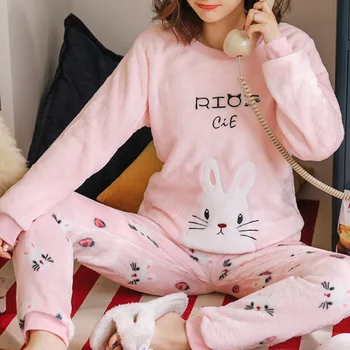 3sets Iarna Pijamale Femei coreene Pijamale Desene animate Drăguț Pijamale Flanel Set Catifea Caldă Pijama Gât Rotund Pijama Homewear Femei