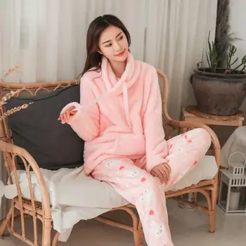 Iarna de moda pentru femei vrac moale fleece coral îngroșarea casual set pijama femei de culoare la modă plus dimensiune termică lounge sleepwear
